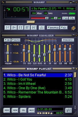 A screenshot of the Winamp media player interface showing a playlist of Wilco songs, with the equalizer visible and the…
