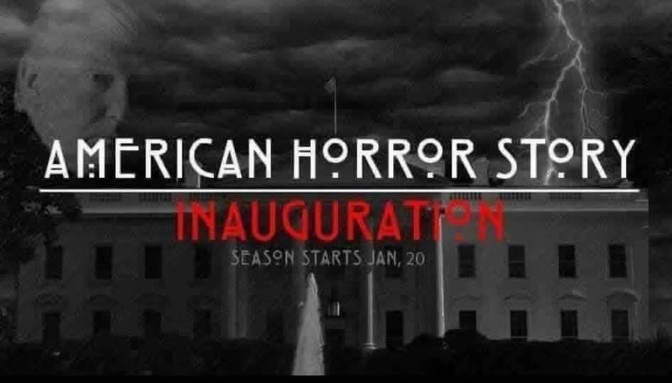 A black-and-white image of the White House under a stormy sky with lightning, overlaid with the text 'AMERICAN HORROR STORY'…