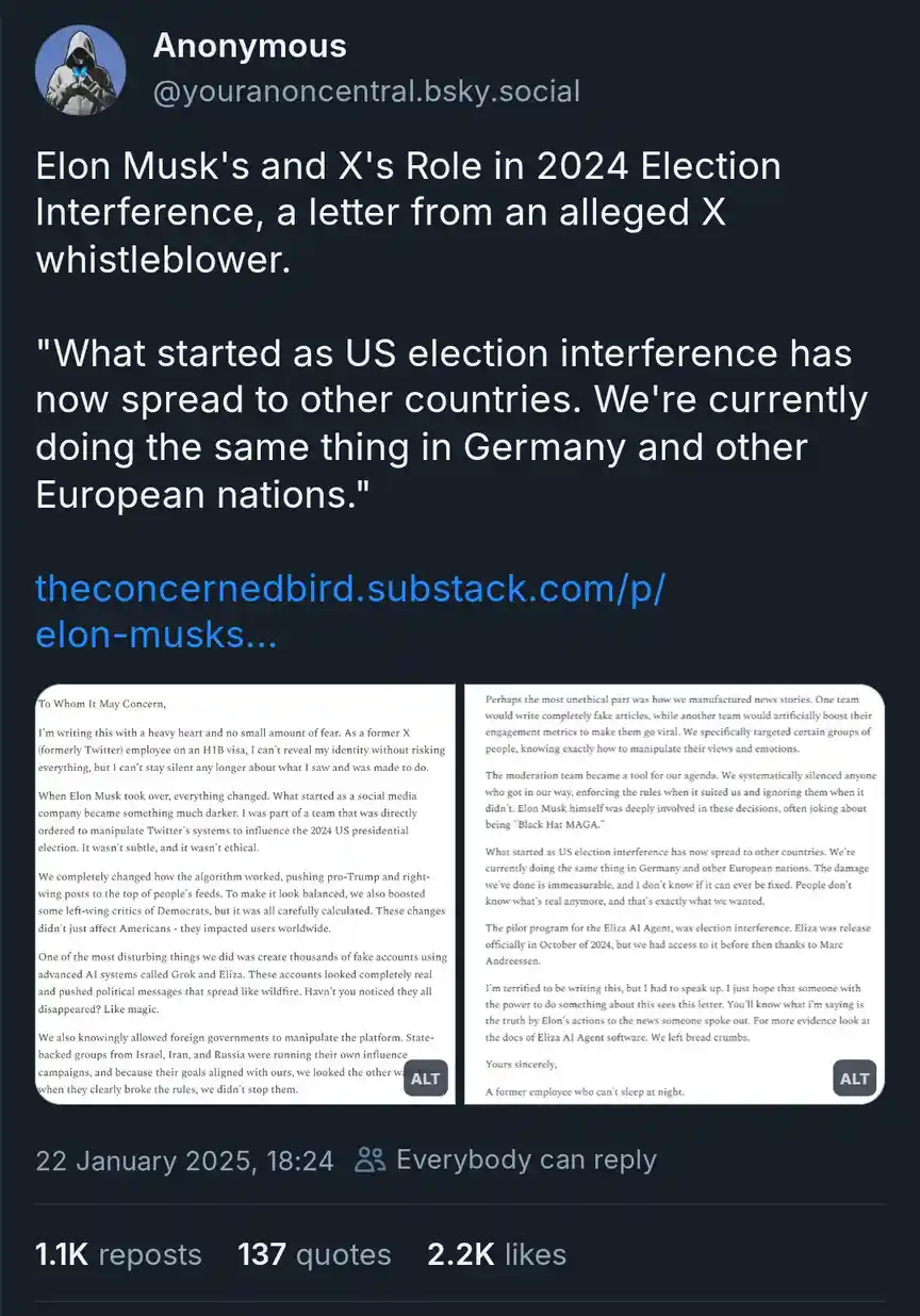 A screenshot of a Bluesky post by 'Anonymous' sharing a letter allegedly from an X (formerly Twitter) whistleblower. The…