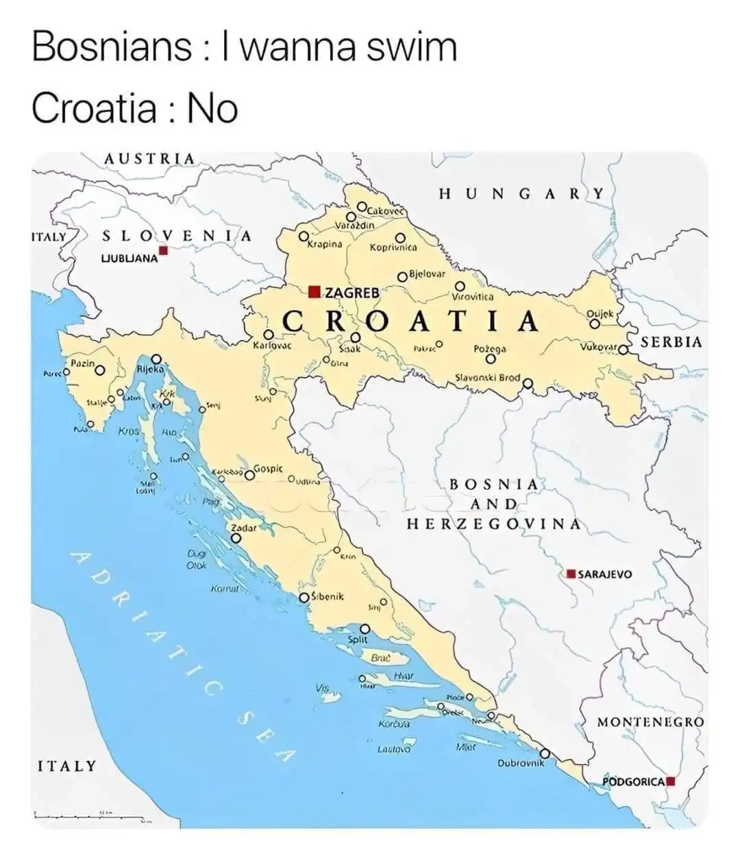 A political map showing Croatia and Bosnia and Herzegovina bordering the Adriatic Sea, with overlaid text reading 'Bosnians…