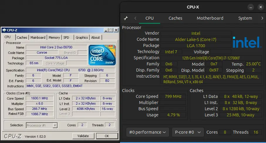 The image displays two computer software windows side-by-side: on the left, CPU-Z shows an Intel Core 2 Duo E6700 processor…