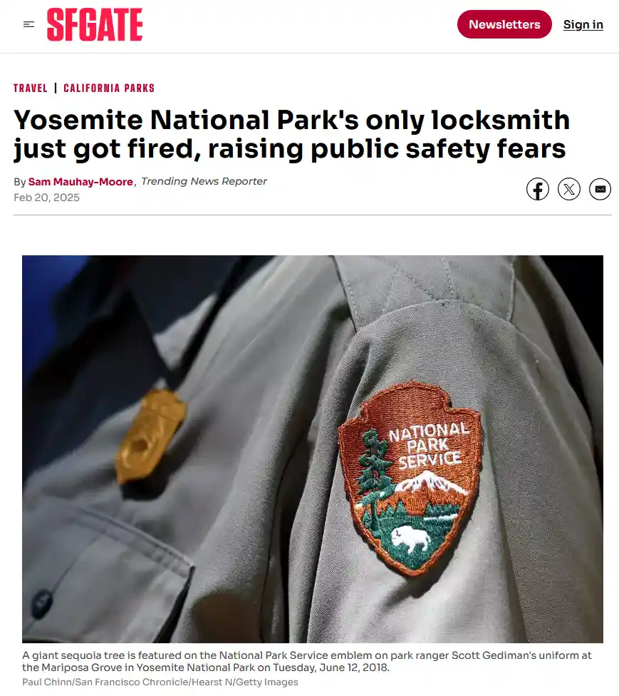 A close-up photo shows the shoulder of a National Park Service uniform, featuring the official embroidered patch with a…