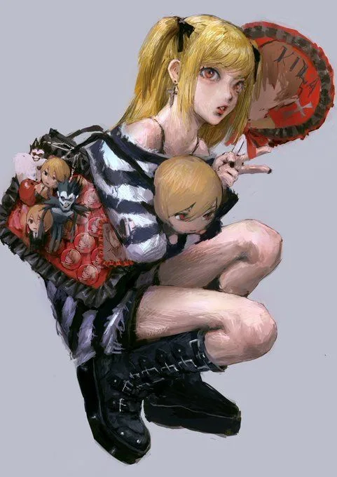 A blonde anime girl in a black-and-white striped outfit crouches while holding a small doll, with a large backpack full of…