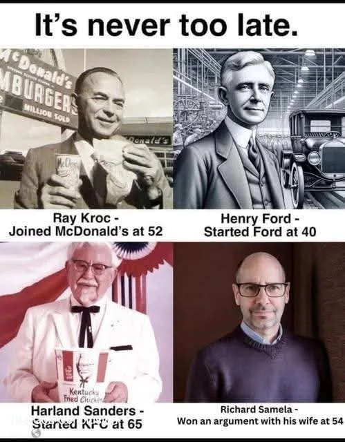 A four-panel meme showing Ray Kroc holding a McDonald's drink, Henry Ford in a factory, Harland Sanders holding a KFC box…