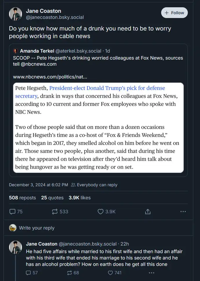A screenshot of a social media post by Jane Coaston showing a news article about Pete Hegseth's alleged drinking habits at…