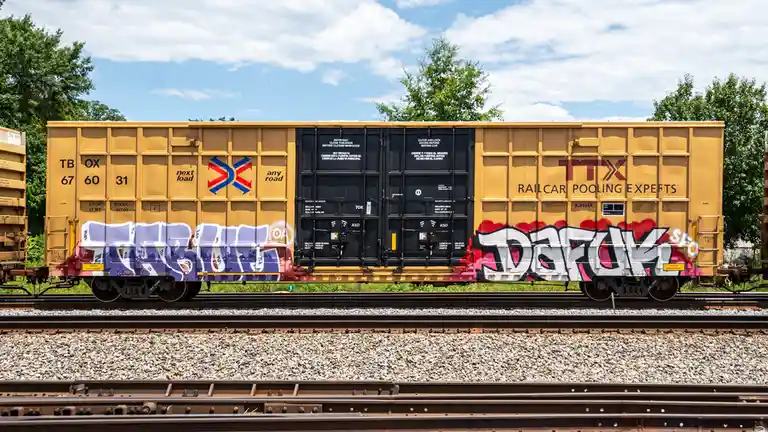 A yellow and black railcar with 'TTX RAILCAR POOLING EXPERTS' branding sits on tracks under a partly cloudy sky, featuring…