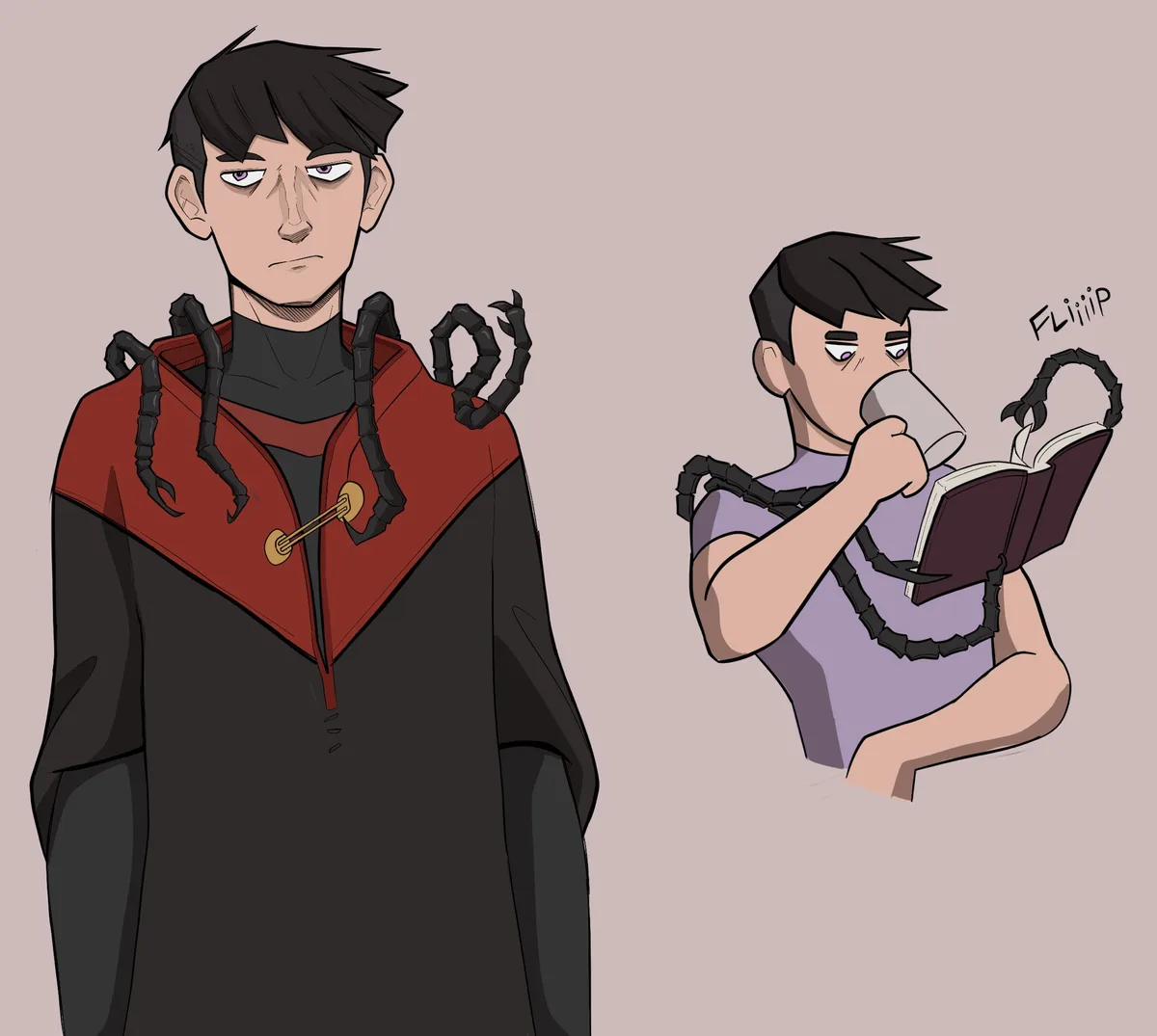 The image shows two depictions of the same anime-style character with black hair and purple eyes. On the left, he wears a…