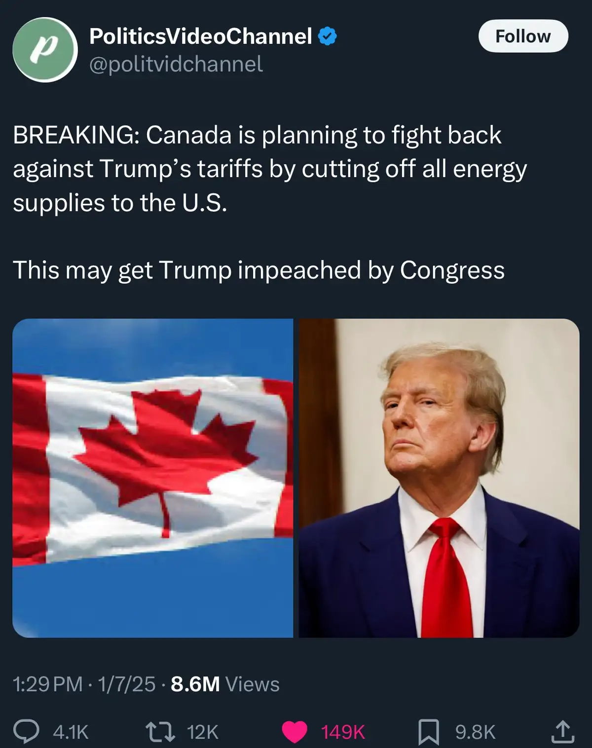 The image displays a split-screen Twitter post from 'PoliticsVideoChannel'. The left side shows the Canadian flag waving…