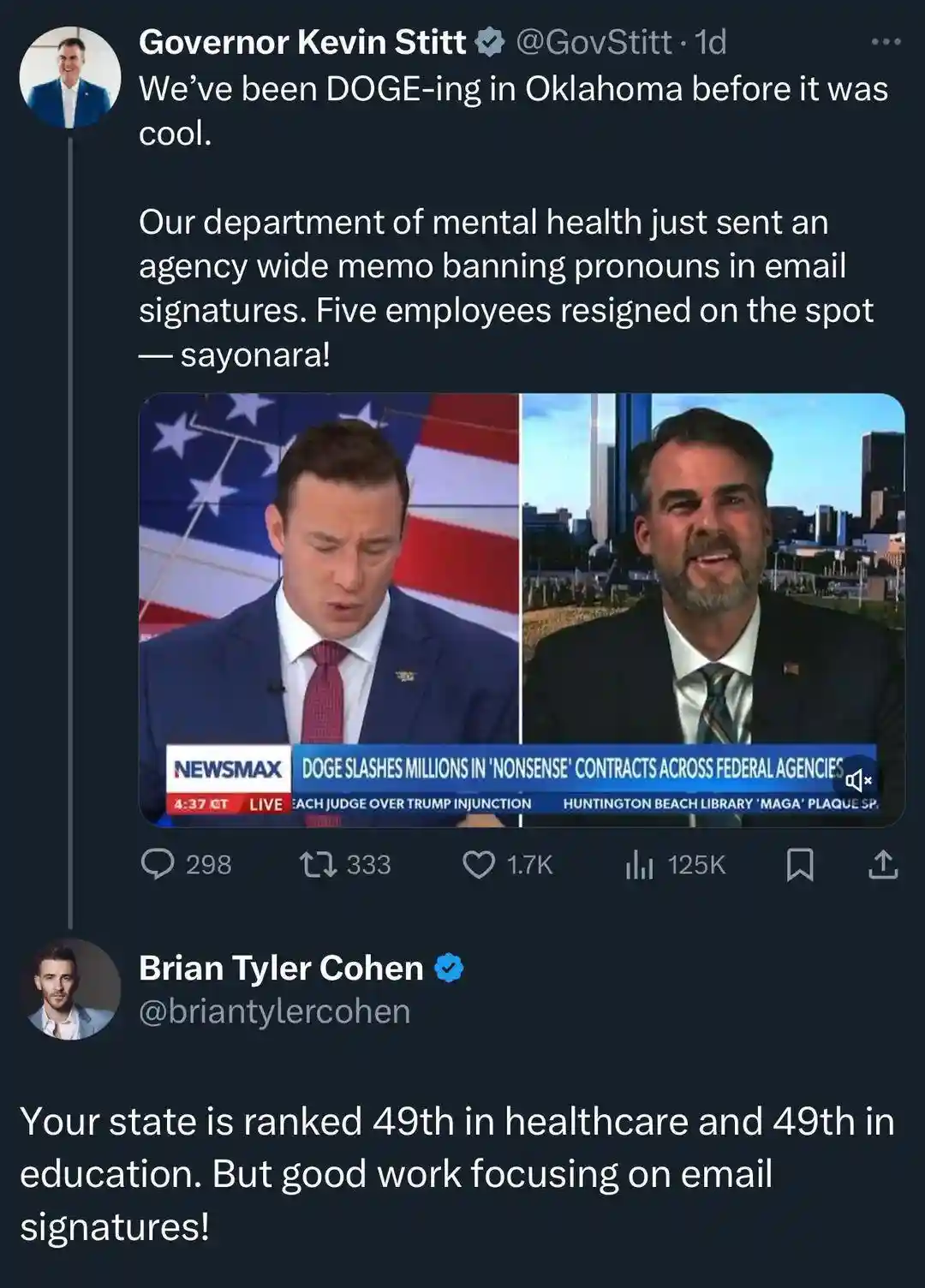 A screenshot of a Twitter thread shows Governor Kevin Stitt announcing his state's ban on pronouns in email signatures, with…