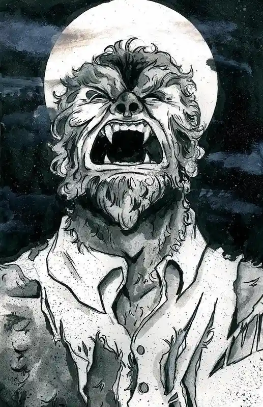 A black-and-white illustration depicts a monstrous, hairy creature with a snarling, open-mouthed expression, wearing a torn…