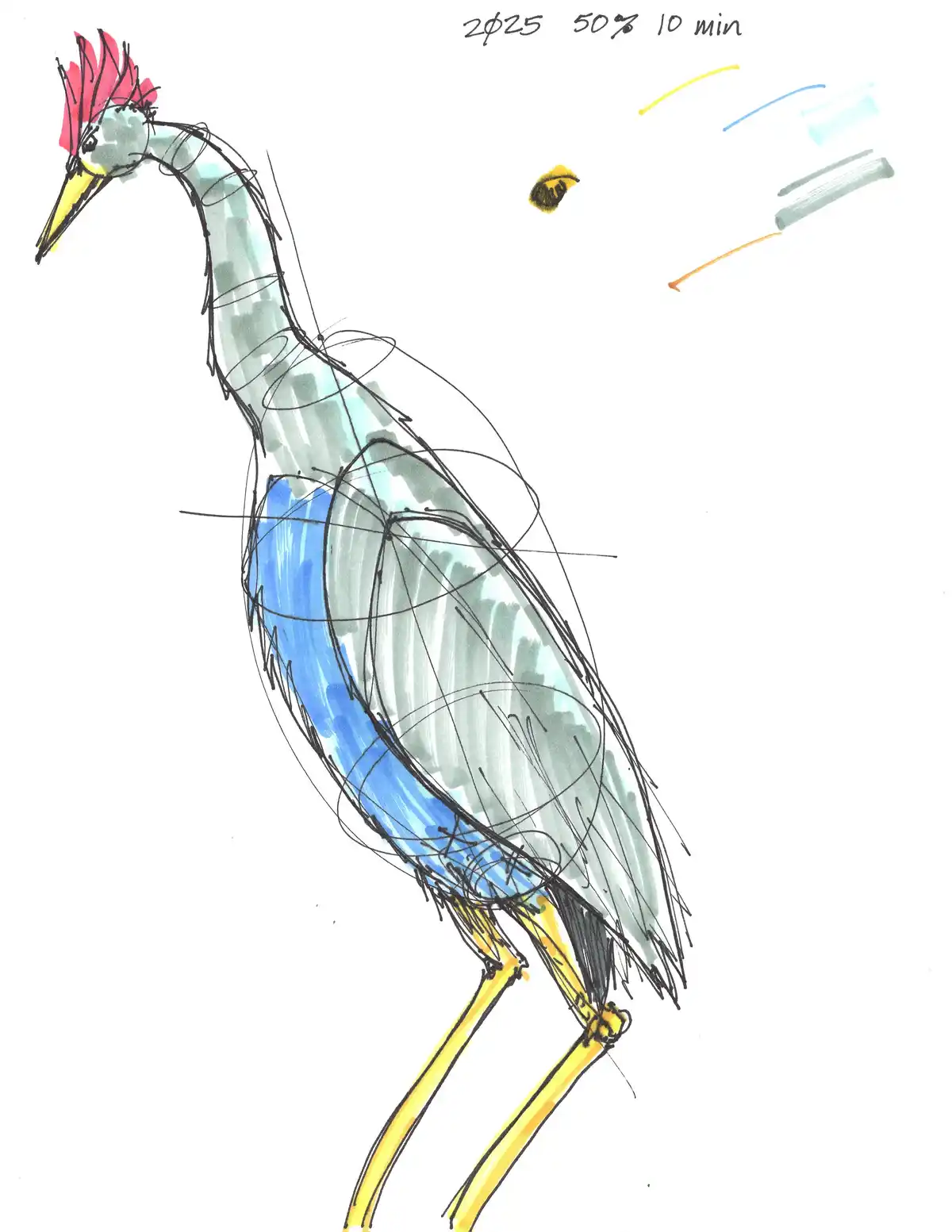 A quick sketch of a bird resembling a heron or crane with a red crest, yellow beak and legs, and blue-grey body, covered in…
