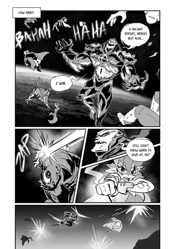 A black-and-white comic strip shows a monstrous villain laughing and declaring 'I WIN' while heroes are defeated around him…