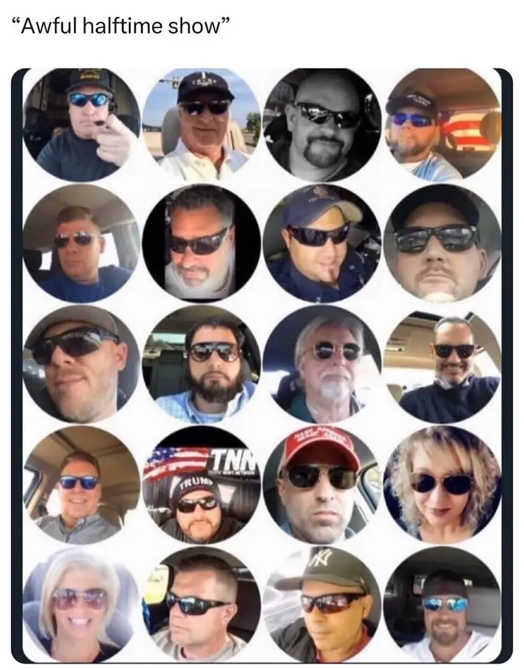 A grid of 16 circular photos shows various people, mostly men, wearing sunglasses and often caps, in cars or outdoors. One…