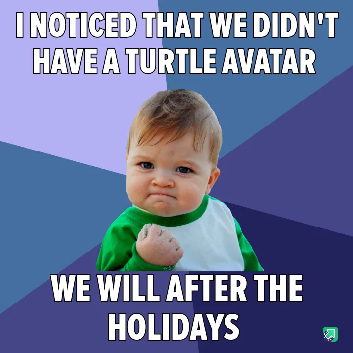 A baby with a green and white shirt and a pouty, determined expression is shown against a blue and purple geometric…