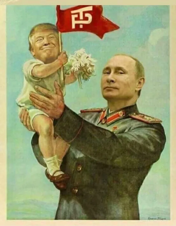 A digitally altered painting shows Vladimir Putin in a military uniform holding a small child with Donald Trump's face. The…