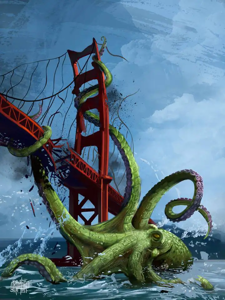 A large green octopus with purple suckered tentacles is shown emerging from the water and wrapping its arms around the red…