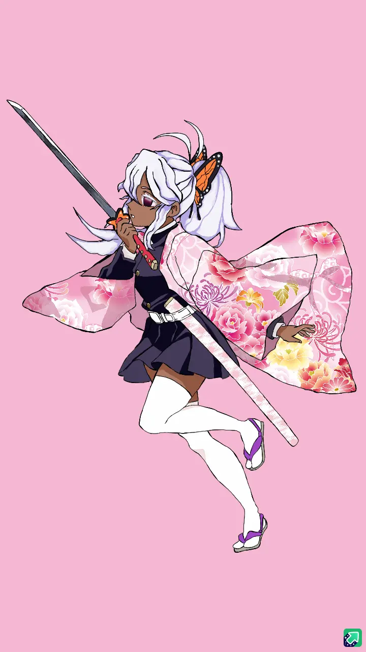 An anime-style character with white hair, butterfly hairpin, and a floral-patterned kimono holds a sword while posing…