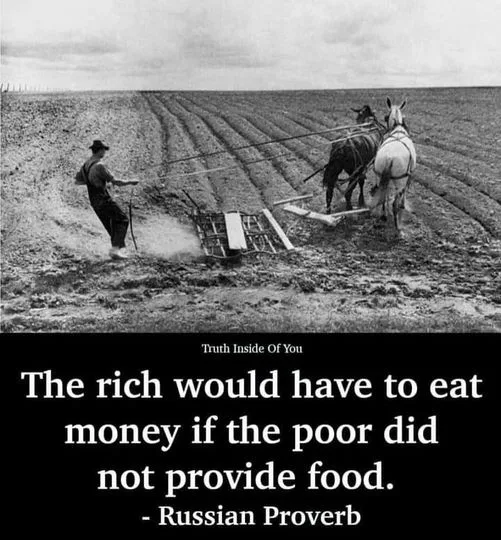 A black-and-white photo shows a farmer guiding two horses pulling a plow through a field. The image has a black banner at…