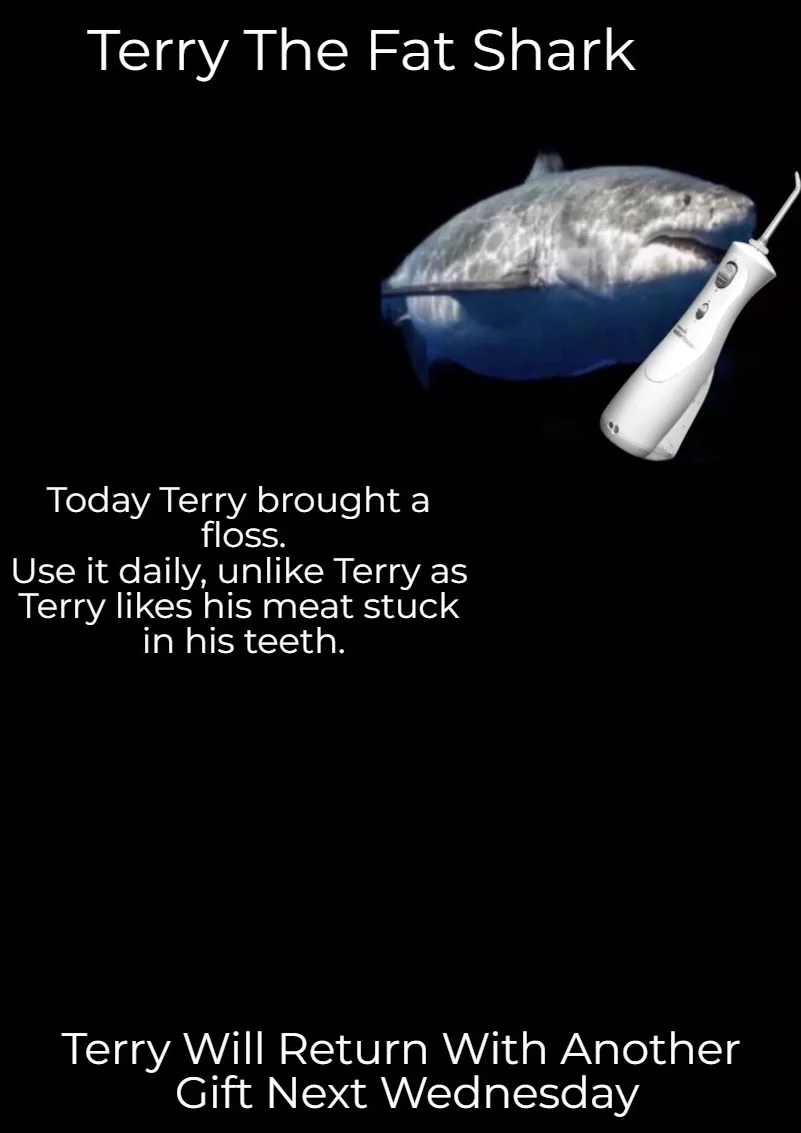 A large, chubby-looking shark named Terry is shown underwater with a white electric toothbrush flosser superimposed next to…