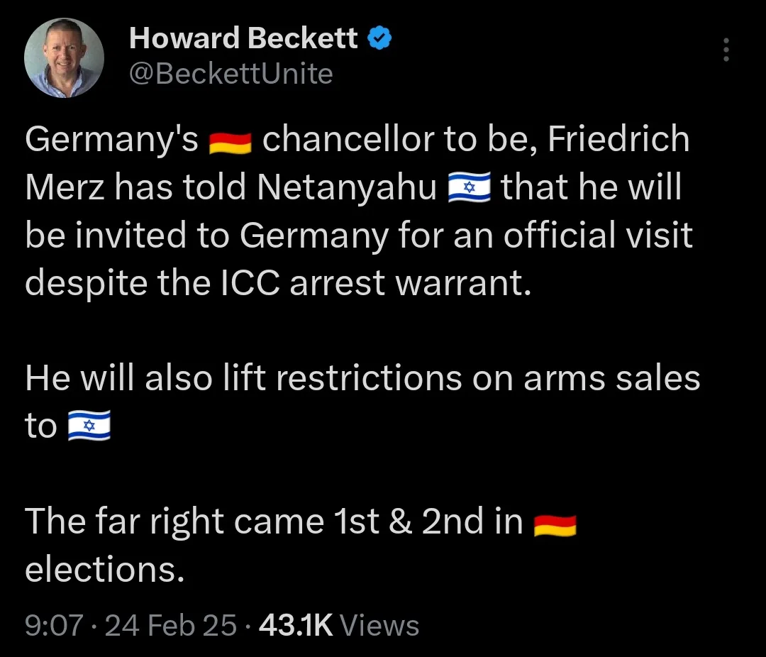 A screenshot of a tweet by Howard Beckett (@BeckettUnite) detailing political developments in Germany. The text states that…