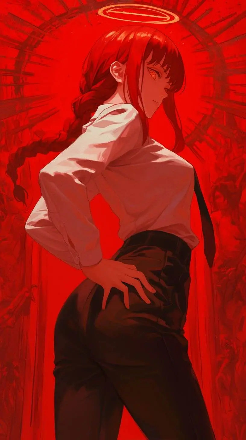 An anime-style illustration of a young woman with red hair in a braid, wearing a white shirt and dark pants, standing with…