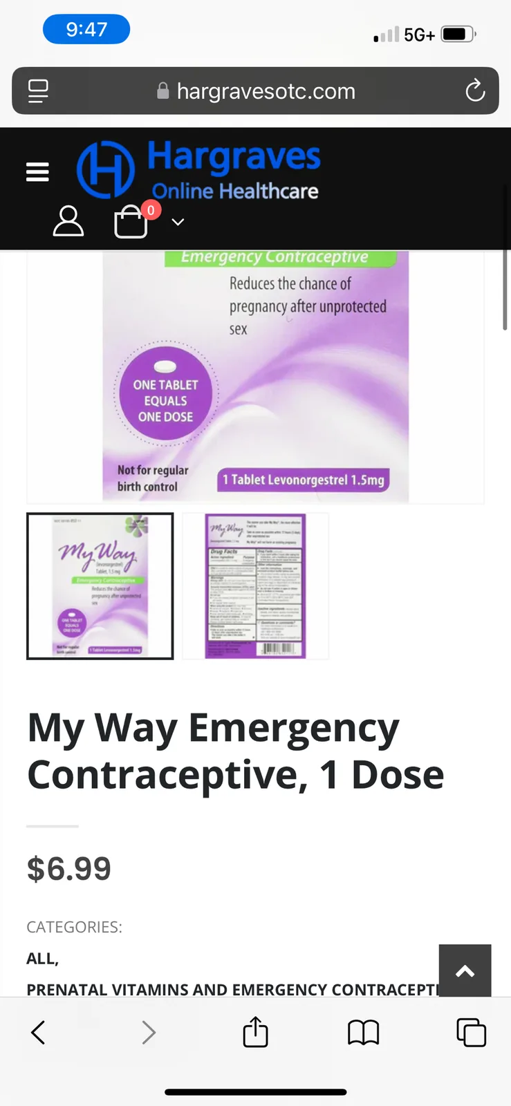 A screenshot of a mobile web page from Hargraves Online Healthcare showing a product listing for 'My Way Emergency…