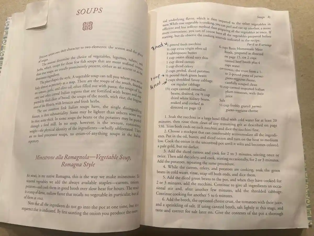 An open cookbook page showing a recipe for 'Minestrone alla Romagnola—Vegetable Soup, Romagna Style'. The right page lists…