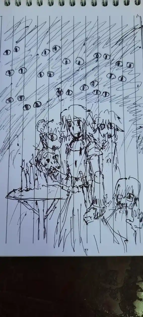 A hand-drawn sketch on lined notebook paper depicts three anime-style characters looking terrified, surrounded by numerous…