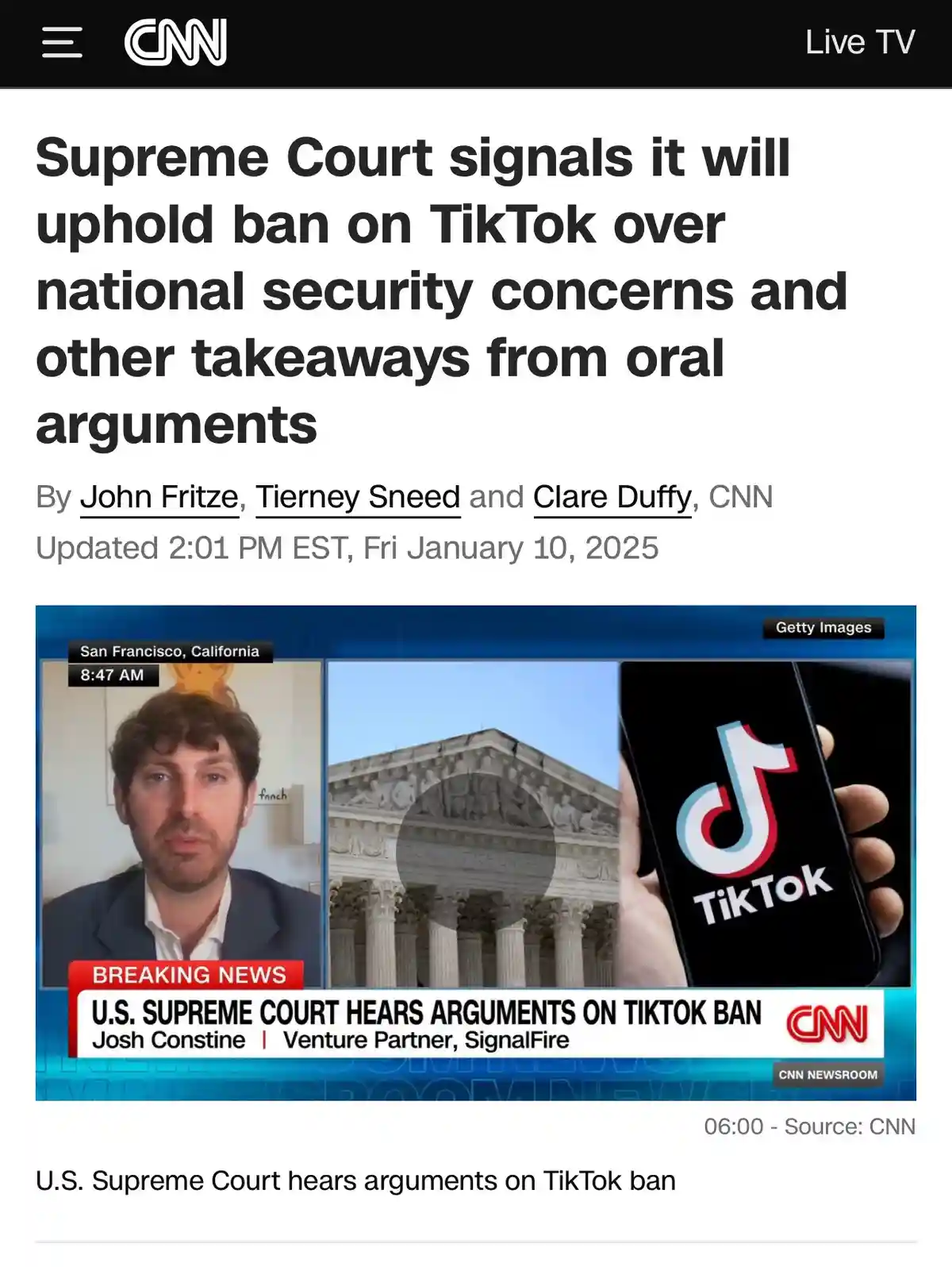 A screenshot of a CNN news article with a headline about the Supreme Court potentially upholding a TikTok ban. The article…