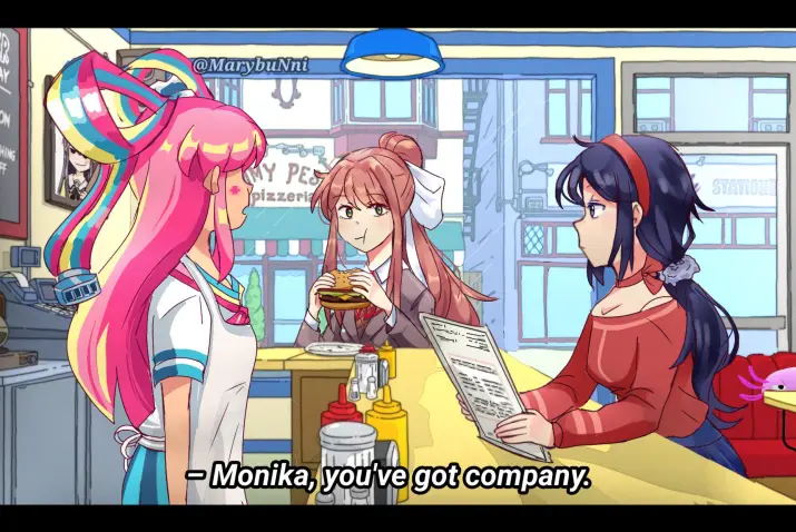 Three anime-style girls are in a pizzeria. One with pink hair and a large rainbow bow stands at the counter. Another with…