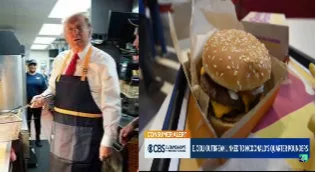 A split-screen image shows Donald Trump wearing a chef's apron in a kitchen on the left, and a close-up of a sesame seed…