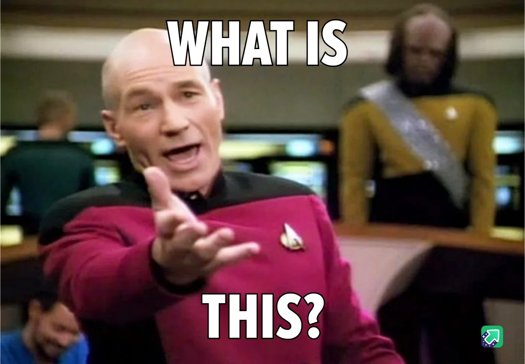 A still image of Captain Jean-Luc Picard from Star Trek: The Next Generation, wearing his red command uniform and pointing…