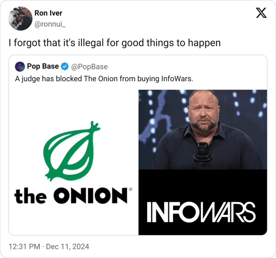 A screenshot of a tweet by Ron Iver showing a news tweet from Pop Base stating 'A judge has blocked The Onion from buying…