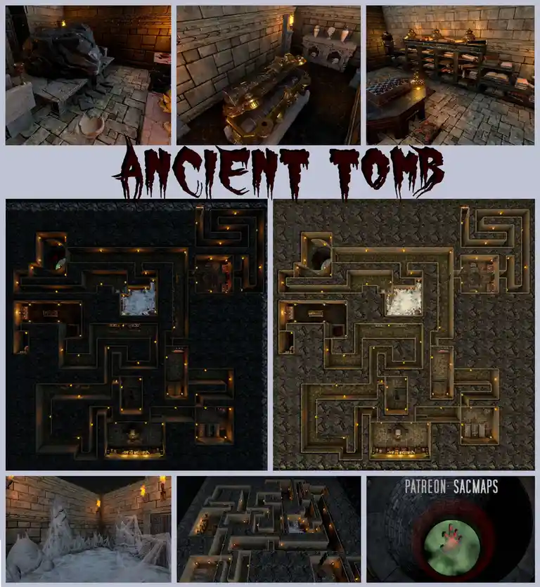 The image is a collage of nine panels showing various rooms and top-down layouts of an ancient tomb. The top row displays…
