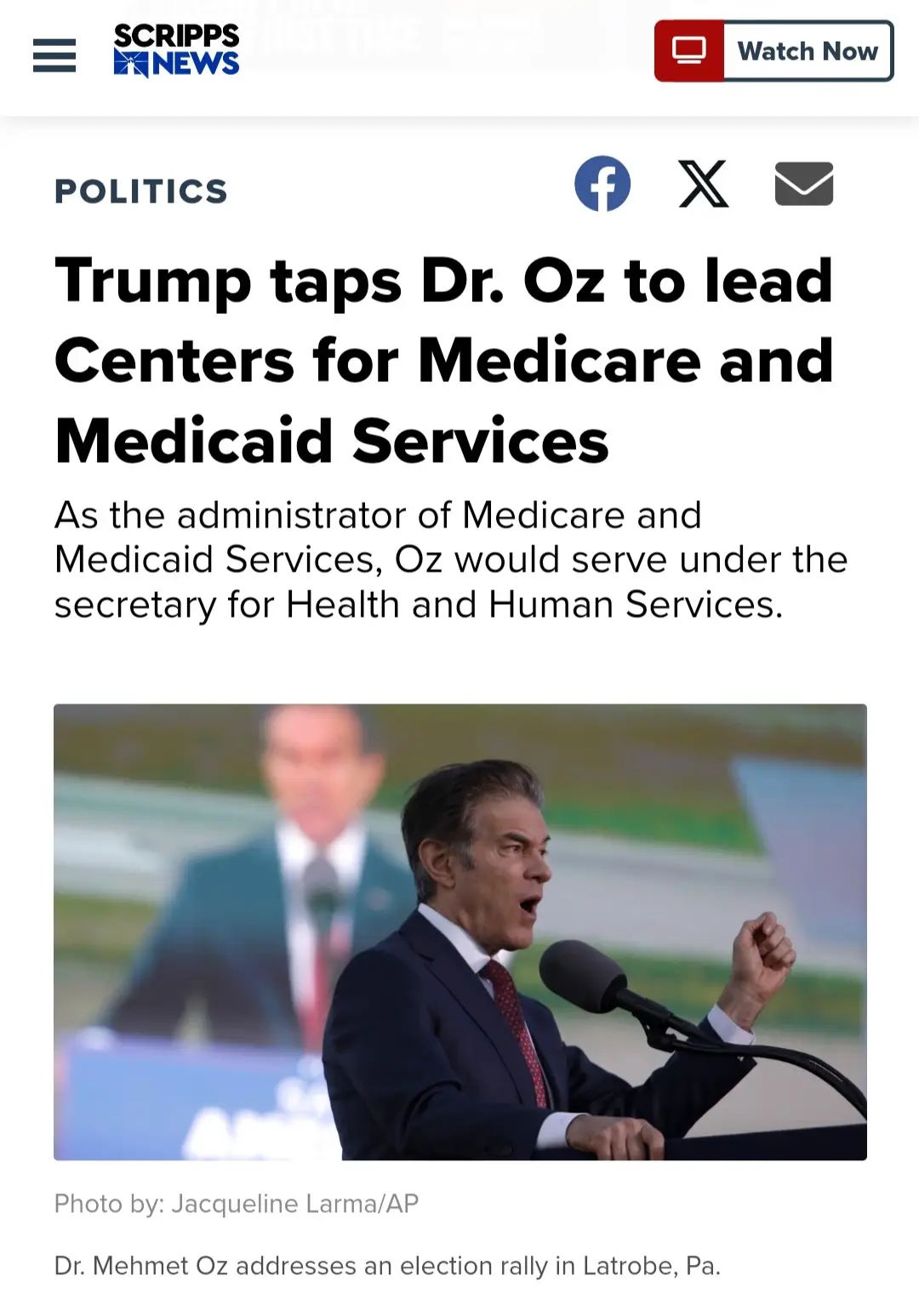 A screenshot of a Scripps News article with the headline 'Trump taps Dr. Oz to lead Centers for Medicare and Medicaid…