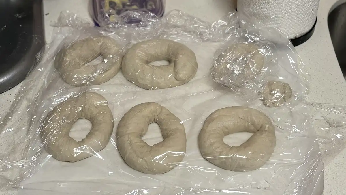 Five raw bagels covered in plastic wrap sit on a kitchen counter, one of which is noticeably smaller and lumpy compared to…