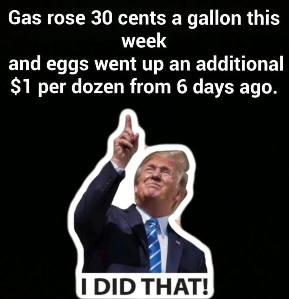 A cutout image of Donald Trump pointing upward with a smug expression, set against a black background. White text at the top…