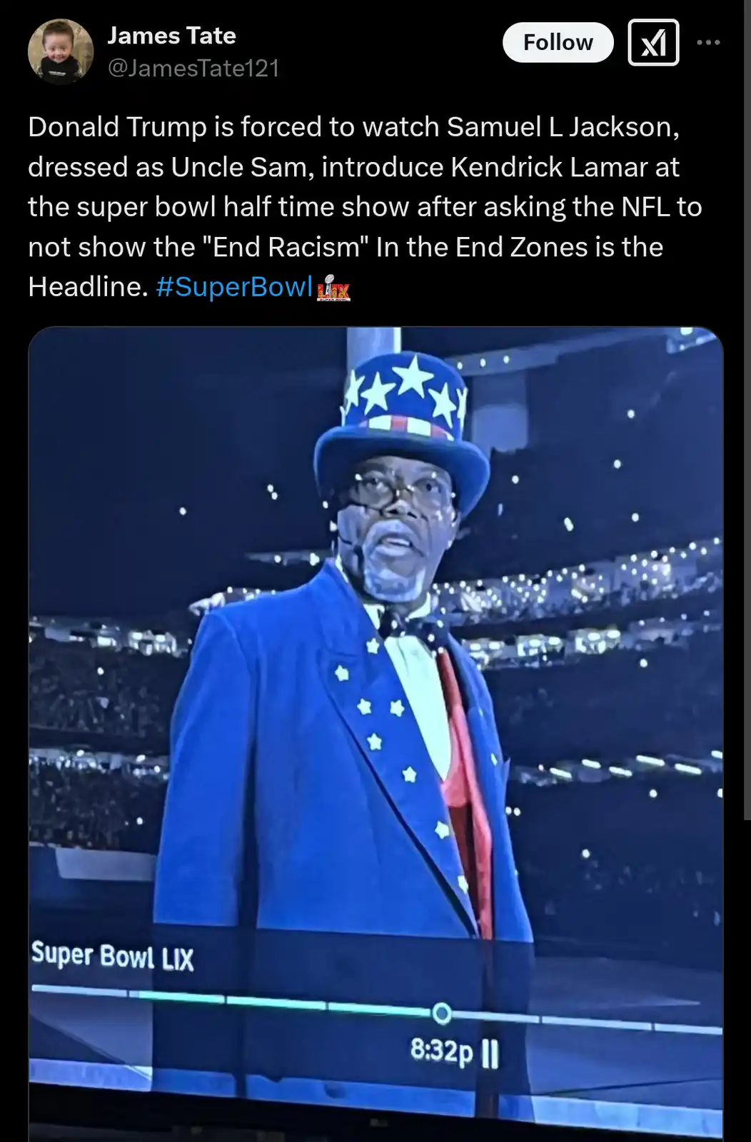 A screenshot from a Super Bowl LIX broadcast shows Samuel L. Jackson dressed as Uncle Sam in a blue suit with stars, a top…