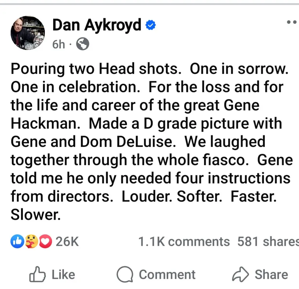 A screenshot of a Facebook post by Dan Aykroyd, who is shown in his profile picture holding a cocktail shaker. The post text…