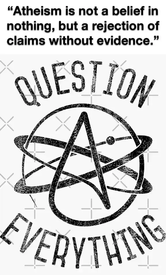 A black-and-white graphic features a stylized atheist symbol—a five-pointed star inside a circle with orbiting…