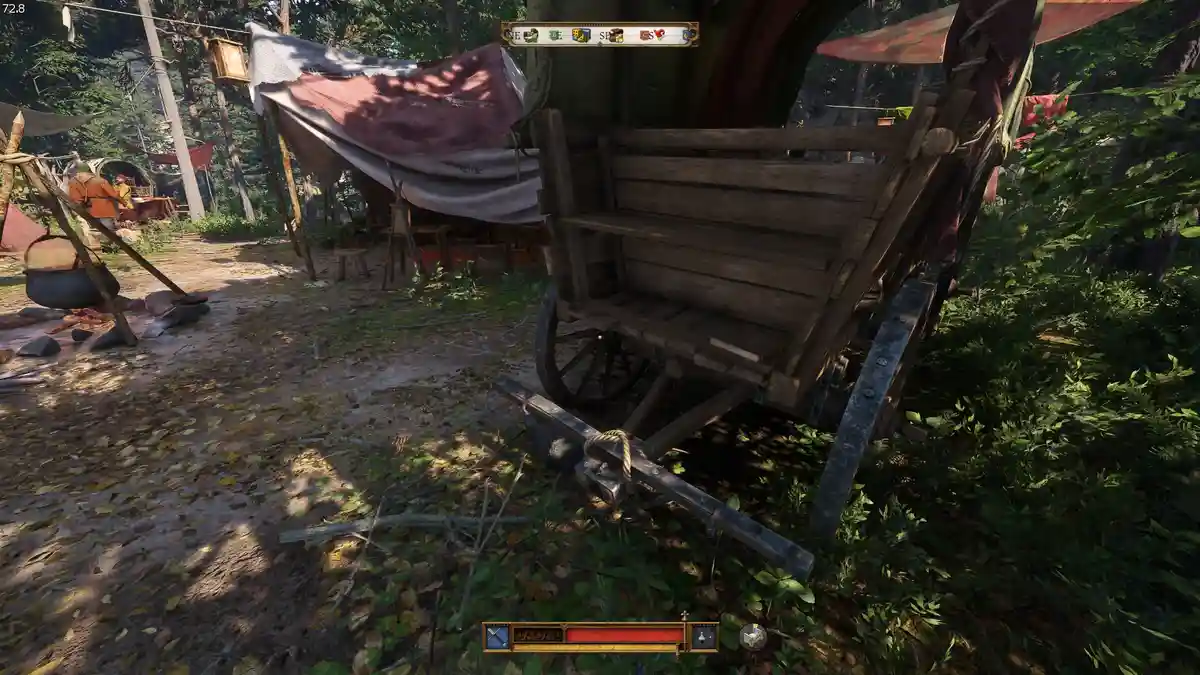 A screenshot from a fantasy RPG game shows a wooden wagon parked in a forest campsite with tents and a campfire visible in…