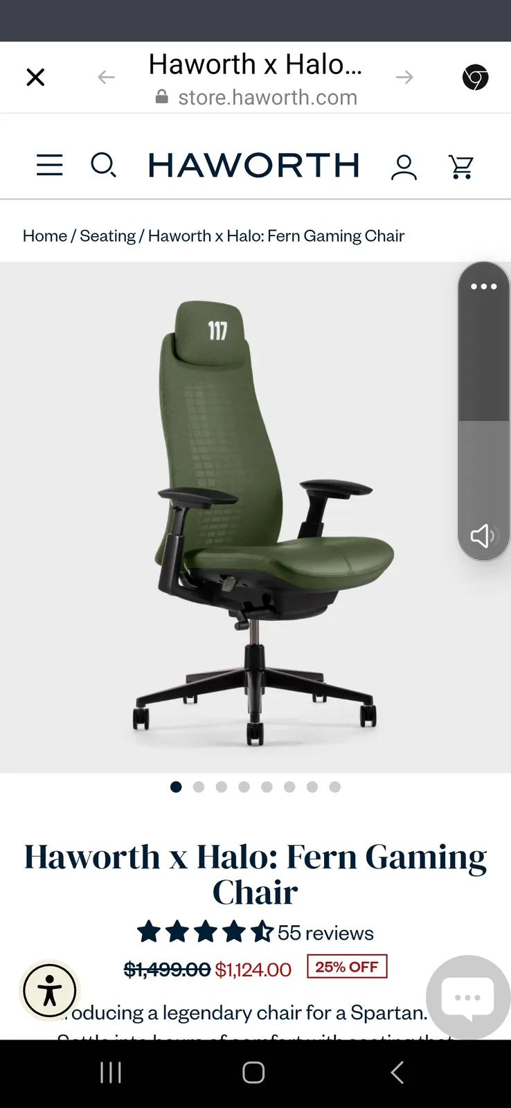 A screenshot of a Haworth x Halo Fern Gaming Chair product page shows a green ergonomic office chair with the number '117'…