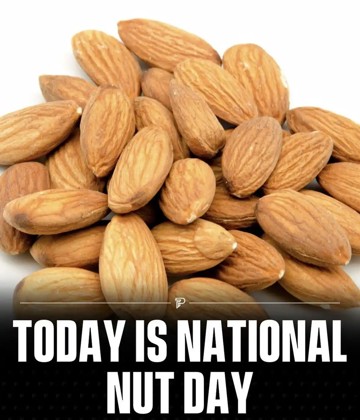 A close-up photo shows a pile of raw almonds against a white background. A black banner at the bottom contains the text…