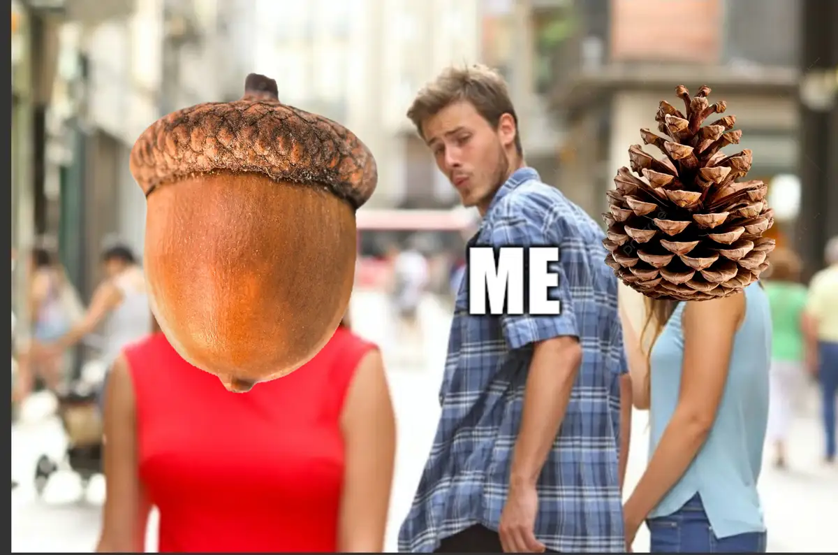 A man in a blue plaid shirt stands between two people, looking disgusted. The person on the left has an acorn for a head…