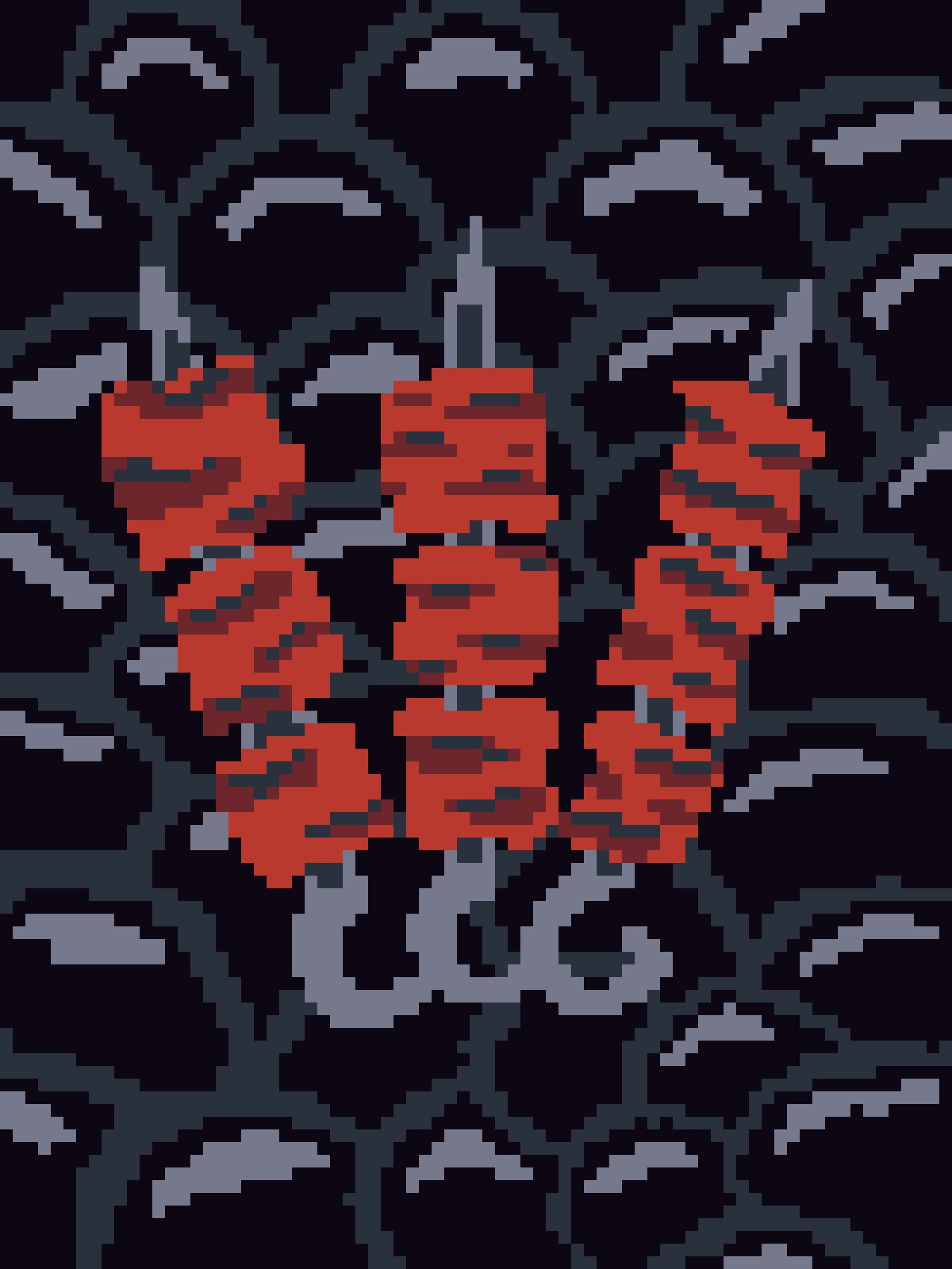 A pixelated image shows a cluster of red, blocky, tomato-like objects hanging from gray stems against a dark background…