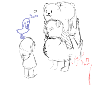 A simple sketch shows a small bird with a heart above its head, labeled 'cute', looking up at a large, cuddly bear-like…