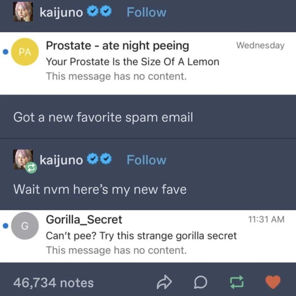 A screenshot of a social media interface shows a user named 'kaijuno' reacting to spam messages. The first spam message…