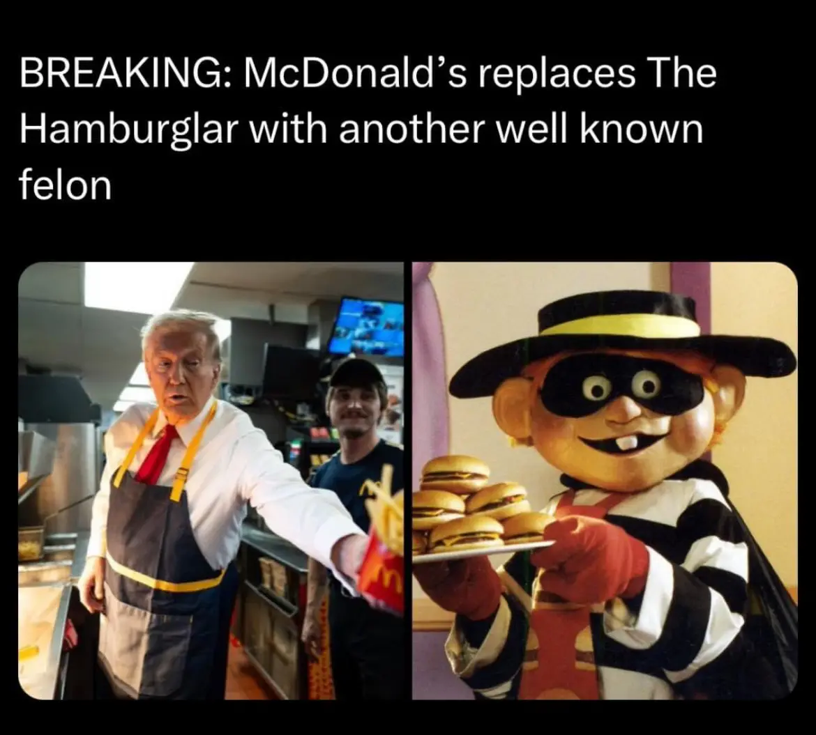 The image is split into two panels. The left panel shows Donald Trump wearing a McDonald's apron and handing out fries. The…