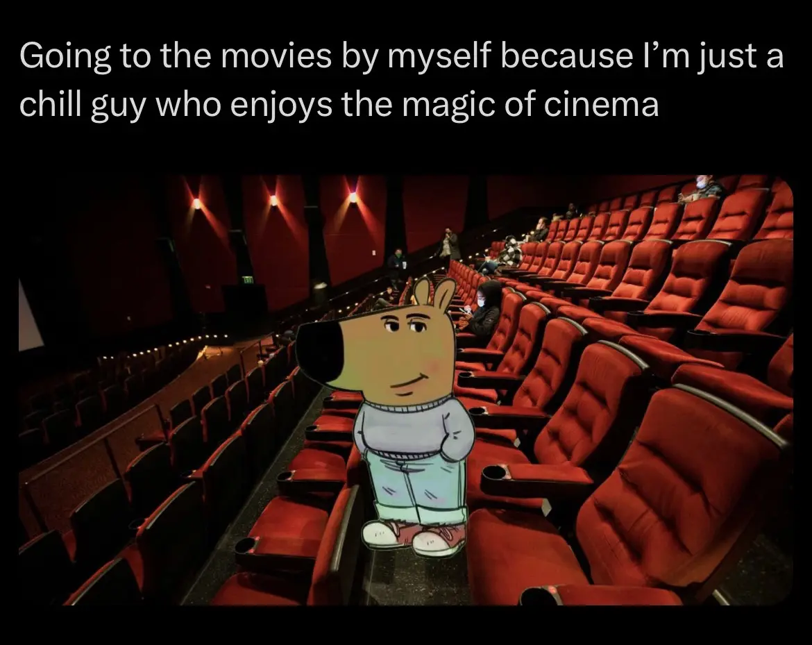An image of a nearly empty movie theater with red seats, overlaid with a cartoon dog character standing in an aisle. The…