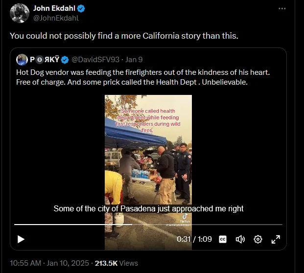A screenshot of a Twitter post by John Ekdahl, featuring a video of a hot dog vendor feeding firefighters for free during a…